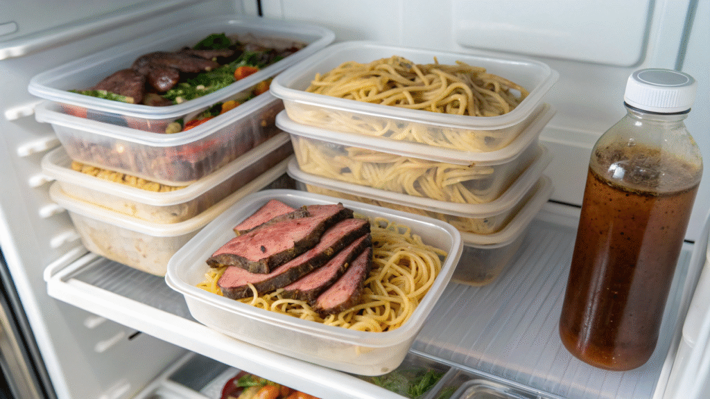 Leftover garlic butter steak noodles in containers stored neatly in a fridge.