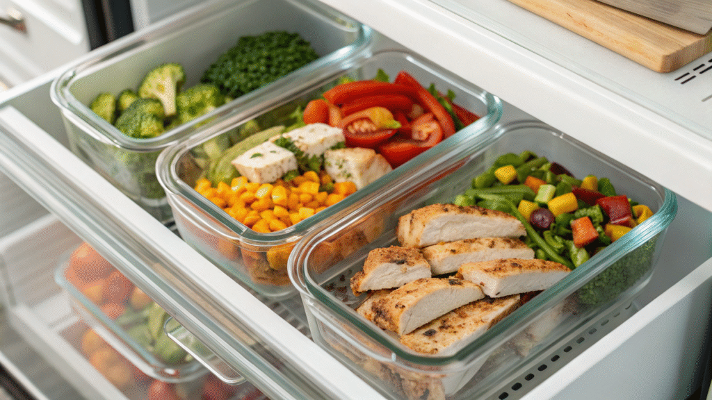 Meal-prepped Hello Fresh dishes stored in labeled glass containers inside a refrigerator.