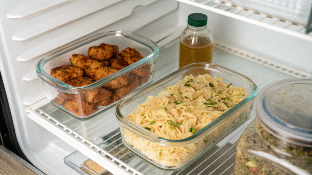 Leftover chicken and pasta stored in labeled containers inside a fridge.
