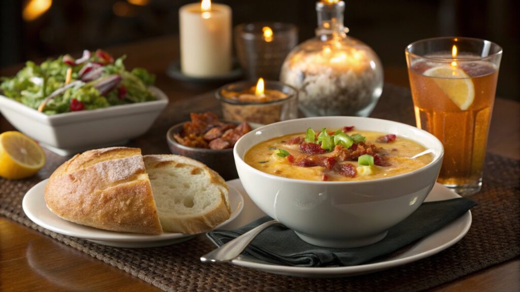 Potato soup served with bread, salad, and iced tea in a cozy dining setup