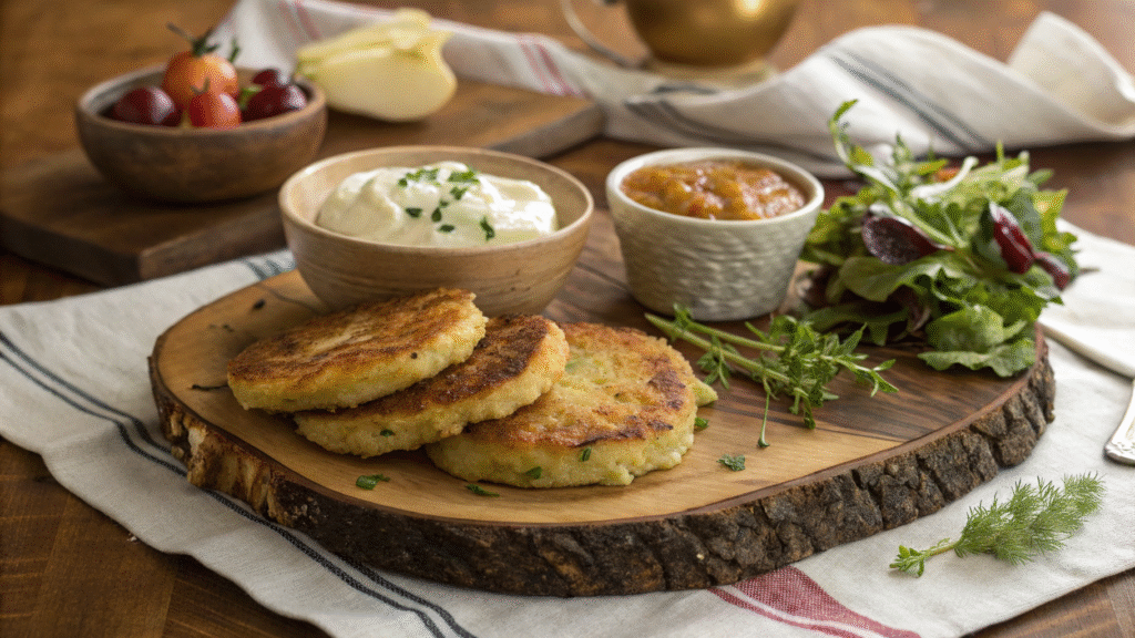 Plated potato pancakes with applesauce, sour cream, salad, and fresh herbs on a rustic table.