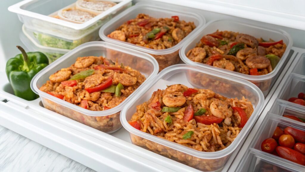 Stored Cajun Cabbage Jambalaya in labeled containers for meal prep.
