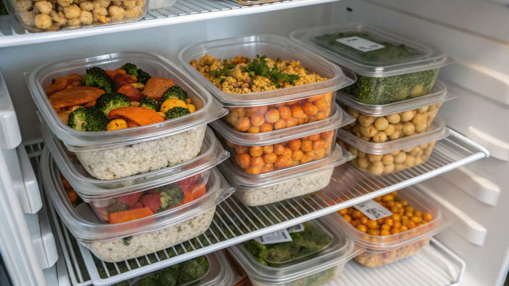 Mounjaro meal-prep containers organized in a refrigerator.