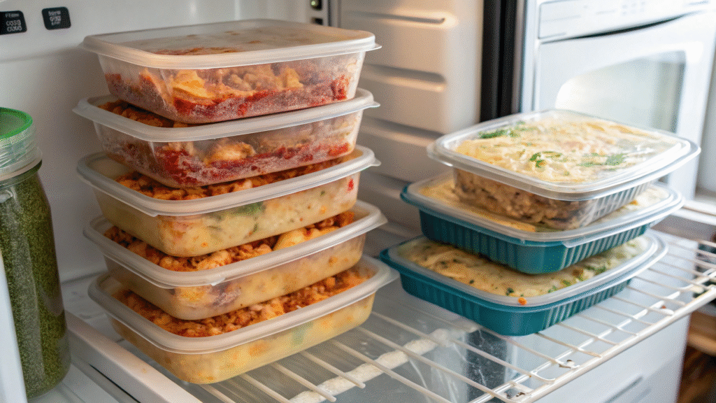 Leftover shrimp pasta stored in containers and foil-wrapped for freezing with oven in the background.
