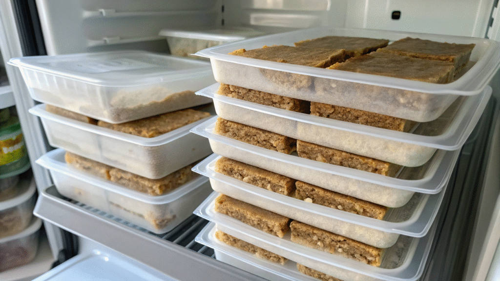 Almond flour breakfast bars stored in containers and freezer bags with labels.