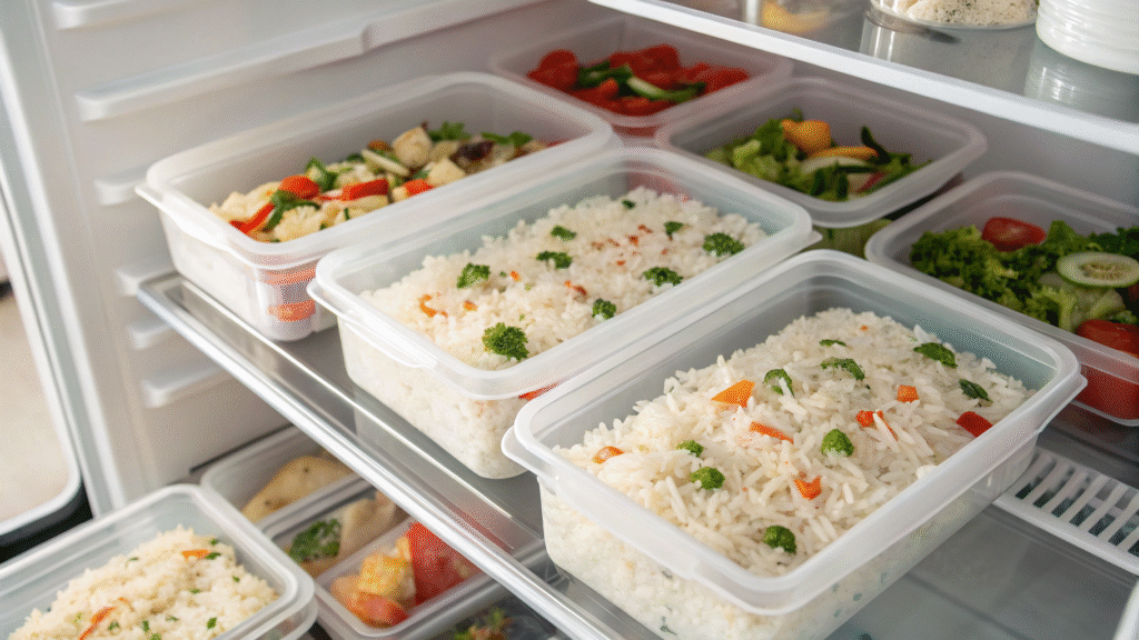 Portioned containers of cooked jasmine rice labeled and stored in a fridge.