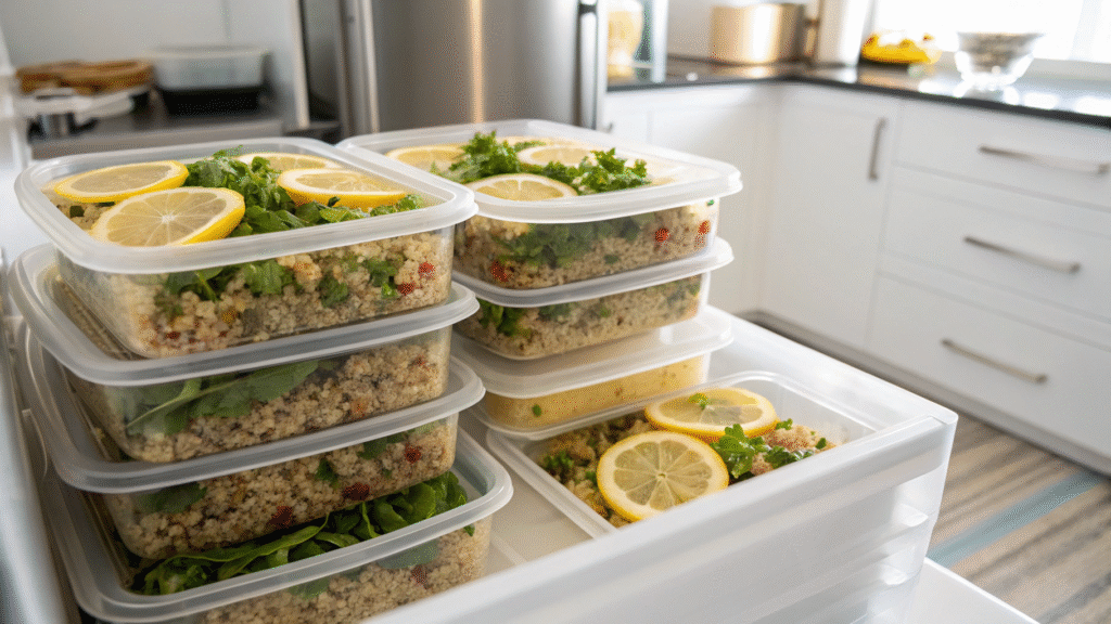 Quinoa salad packed in airtight containers for fridge storage with date labels.