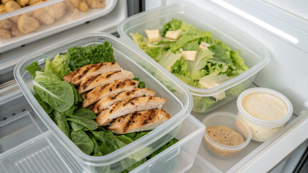 Salad meal prep containers with chicken, lettuce, and dressing stored in fridge.