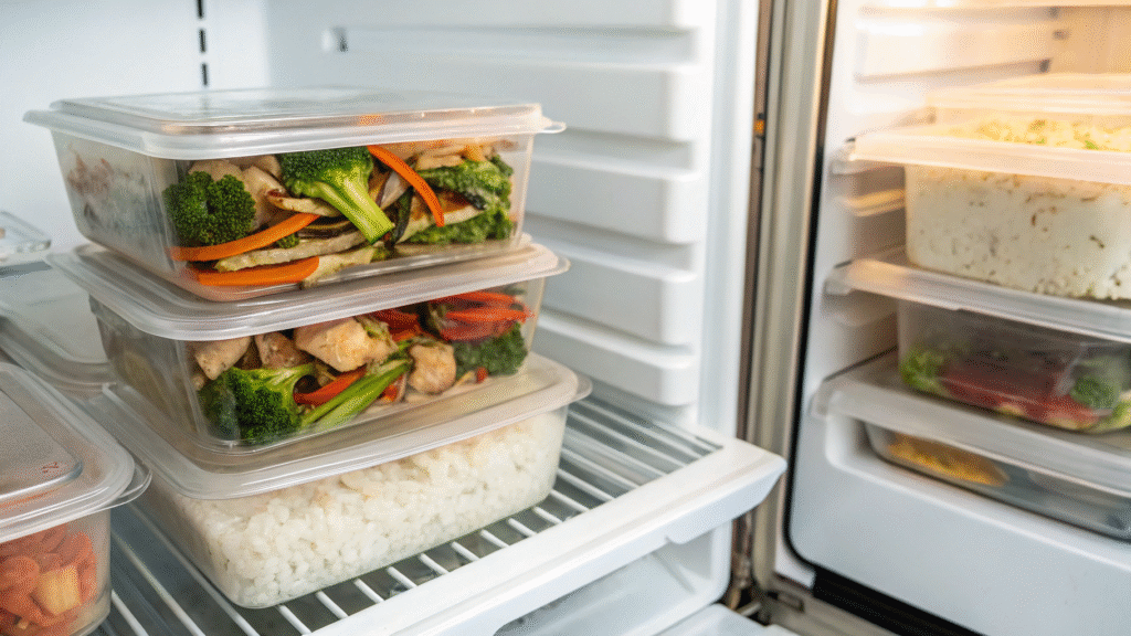 Stir fry portioned in fridge containers and freezer bags for storage with visible date labels.