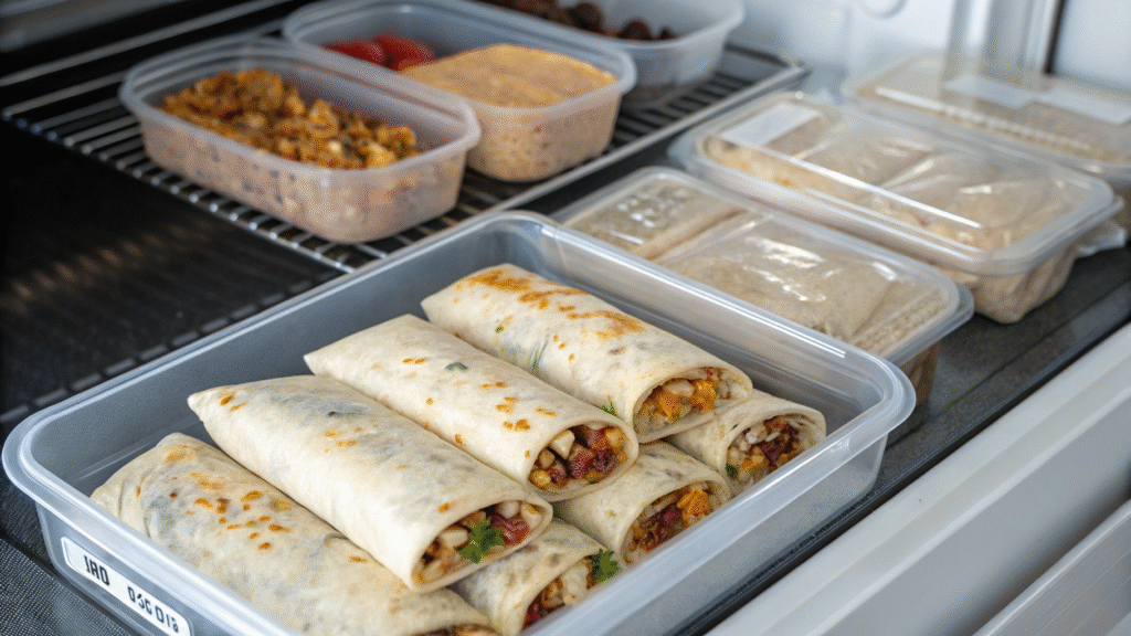 Foil-wrapped breakfast burritos labeled and stored in a container inside a fridge.