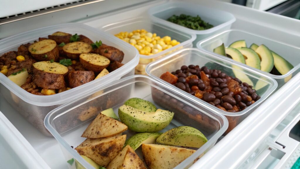 Stored Potato Taco Bowl ingredients in organized meal prep containers.