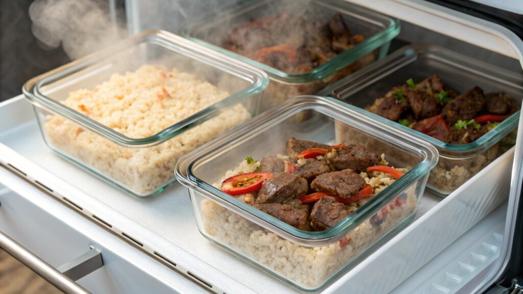 Beef and Pepper Rice Bowls stored in labeled glass containers for meal prep