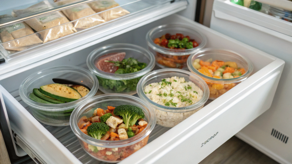 Zepbound meals stored in glass containers in fridge and labeled freezer bags for meal prep.