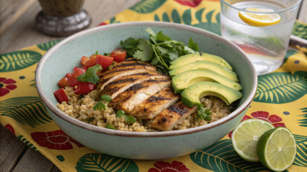 Grilled chicken quinoa bowl with avocado and cilantro served on a tropical-themed table.