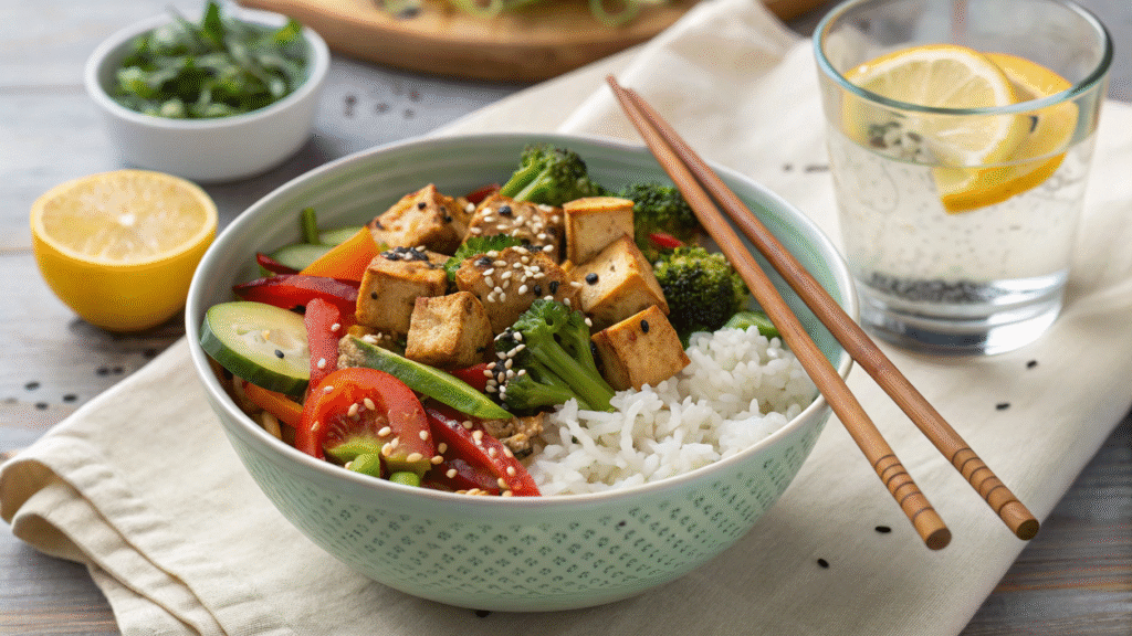 Jasmine rice bowl topped with vegetables, tofu, and sesame seeds next to lemon water.