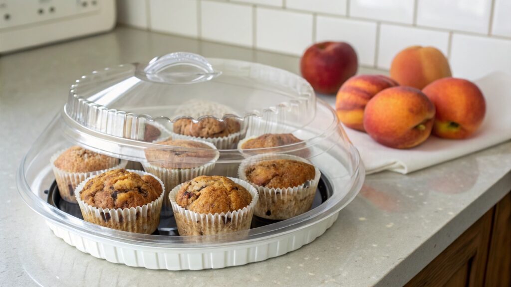 Stored Peach Cobbler Muffins in an airtight container on a kitchen counter.