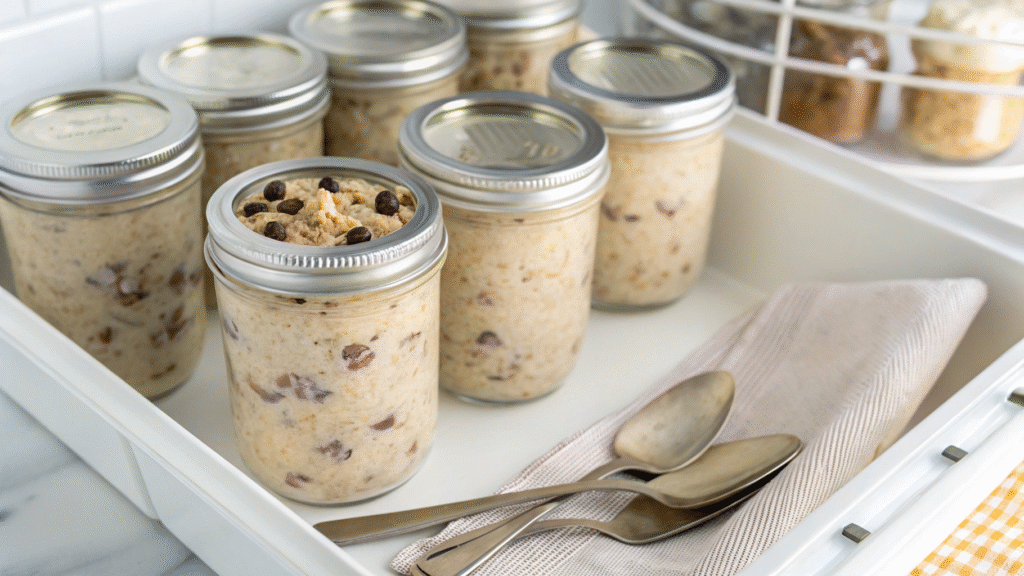 Mason jars of overnight oats labeled and stored in a fridge drawer.
