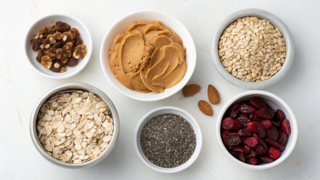 Bowls of oats, peanut butter, nuts, honey, and dried fruit laid out for making granola.