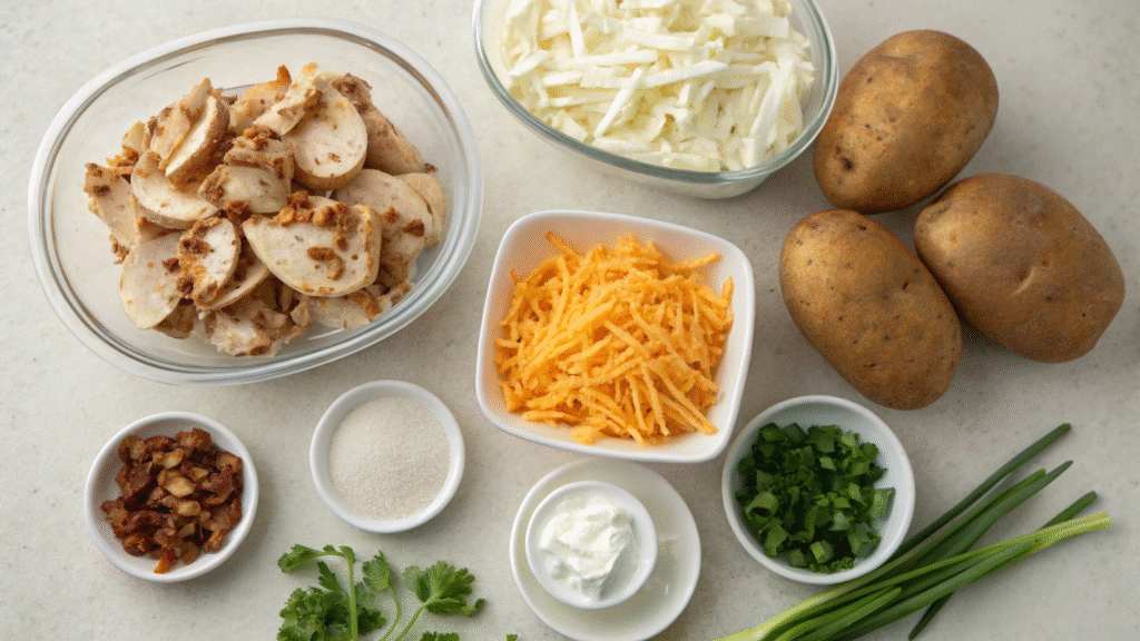 Ingredients for crack chicken stuffed potatoes laid out on a countertop including cheese, bacon, chicken, and potatoes.