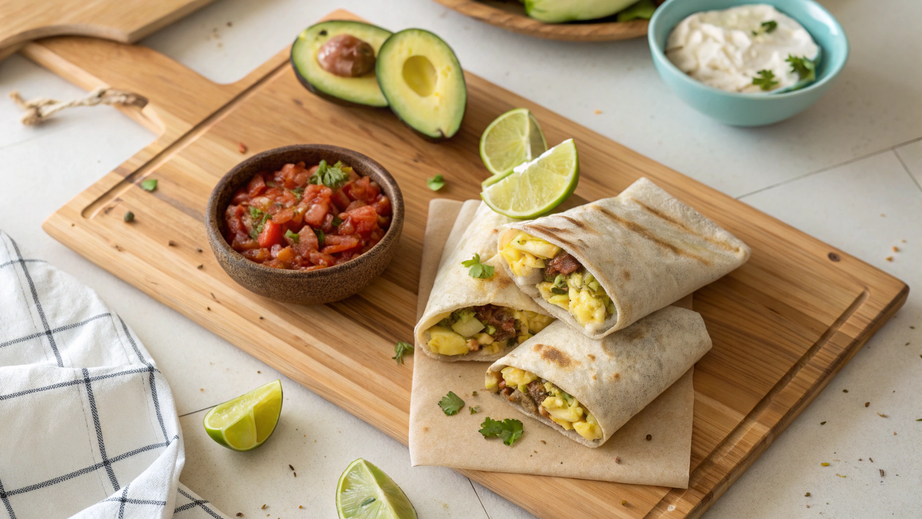 Wrapped breakfast burritos on a wooden board with avocado, salsa, and lime wedges.