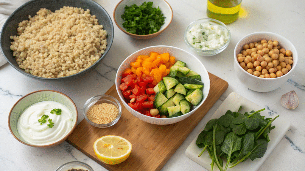 Quinoa salad ingredients like peppers, spinach, avocado, chickpeas, and quinoa laid out on a counter.