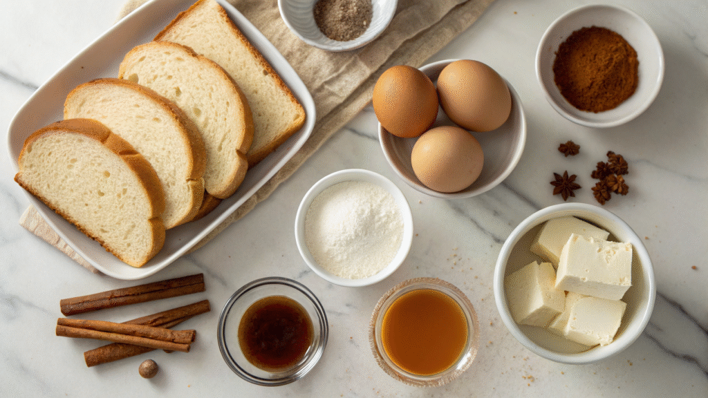 Top-down view of cinnamon roll French toast ingredients like bread, eggs, milk, and cinnamon on a countertop.
