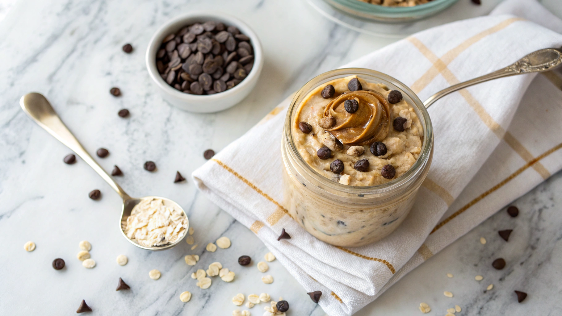 Jar of cookie dough overnight oats topped with chocolate chips and almond butter on a marble surface.