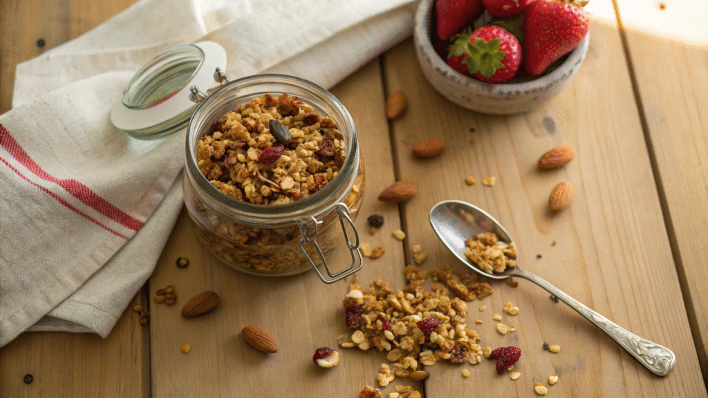 Jar of homemade peanut butter granola with oats and nuts spilling onto a wooden table.
