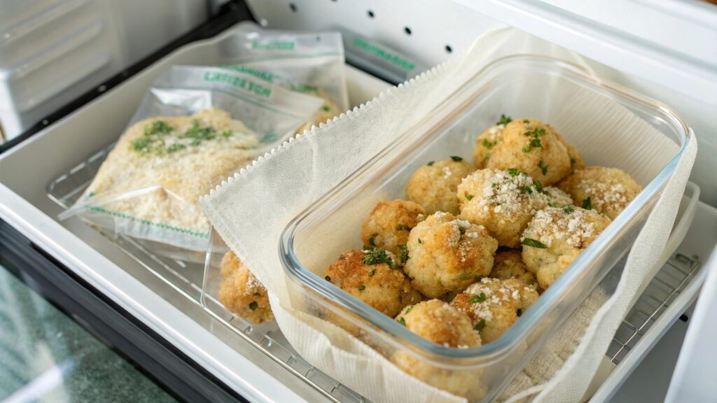Parmesan Cauliflower Bites stored in containers and freezer bags for later use