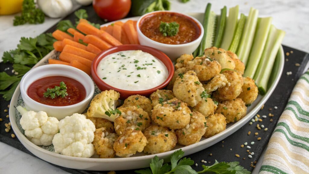 Cauliflower bites served with dips and fresh vegetables on a party platter