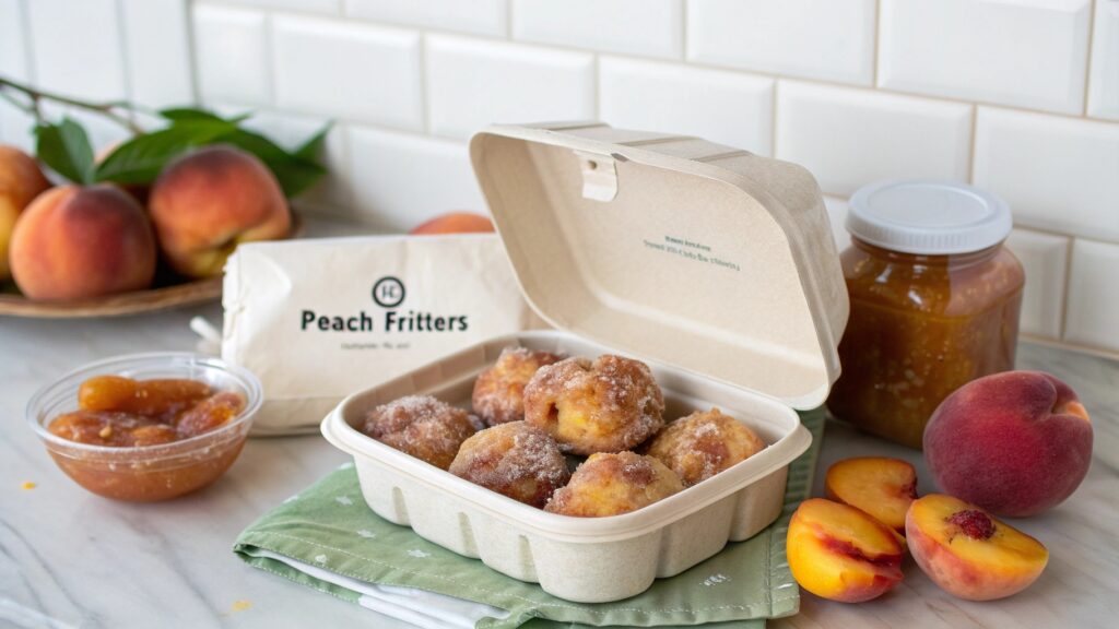 Stored peach fritters in a container on the counter with storage label.