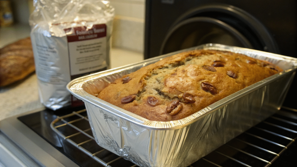 Pecanbread wrapped in foil and placed in a labeled container for fridge or freezer storage.