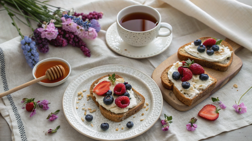 Pecanbread served with whipped cream and berries alongside tea on a decorated table.