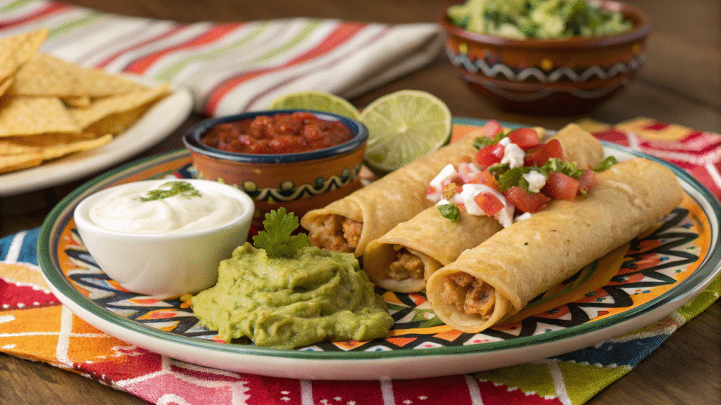 Chicken taquitos served with dips, lime wedges, and tortilla chips on a vibrant plate.