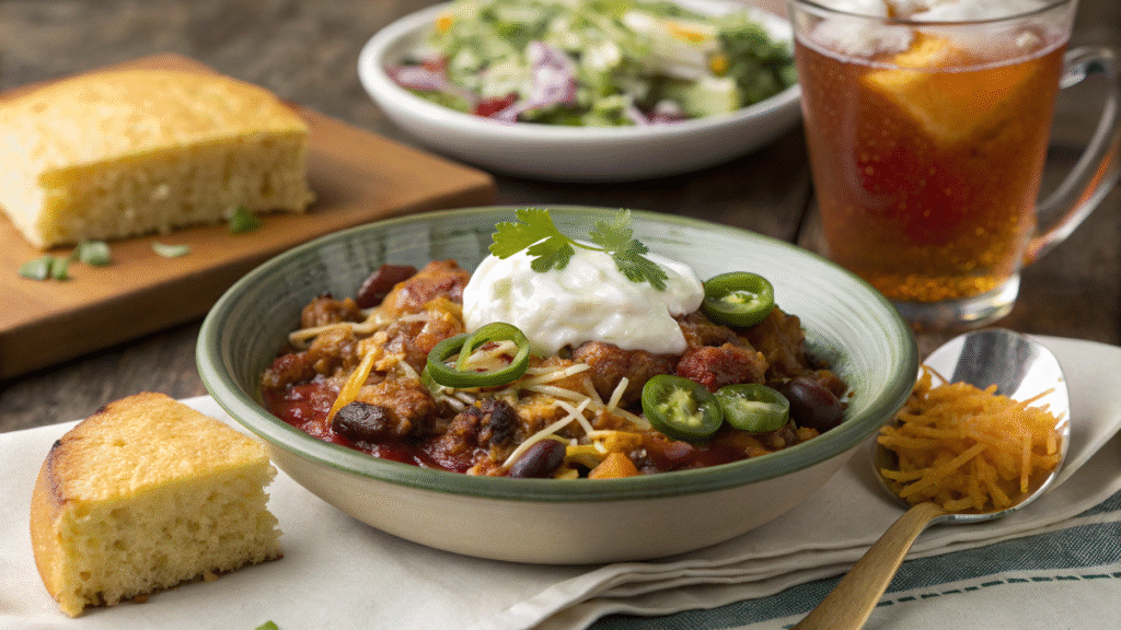 Cowboy Casserole in a bowl with sour cream and toppings, served with cornbread and salad.