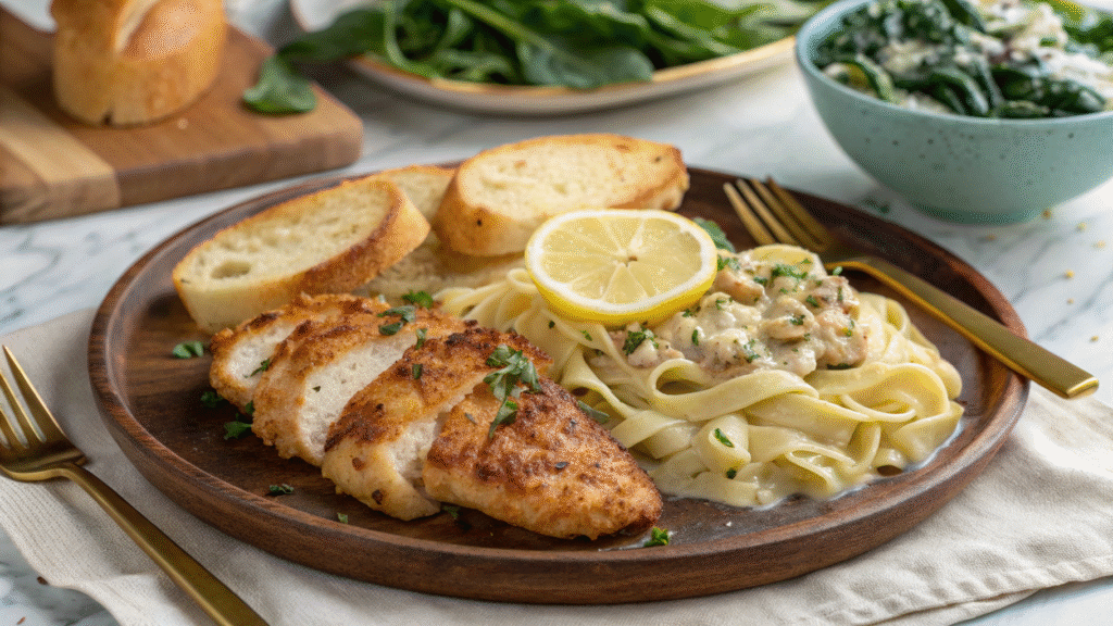 Plated garlic chicken bites with creamy pasta, greens, and garlic bread.