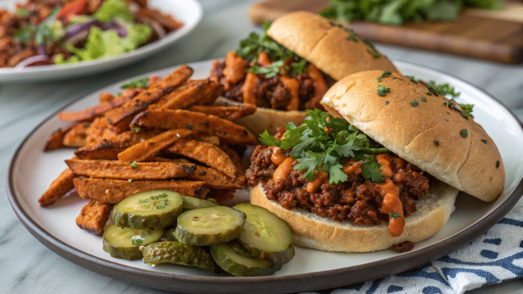 Philly Cheesesteak Sloppy Joes served with fries, pickles, and salad on a dinner plate.