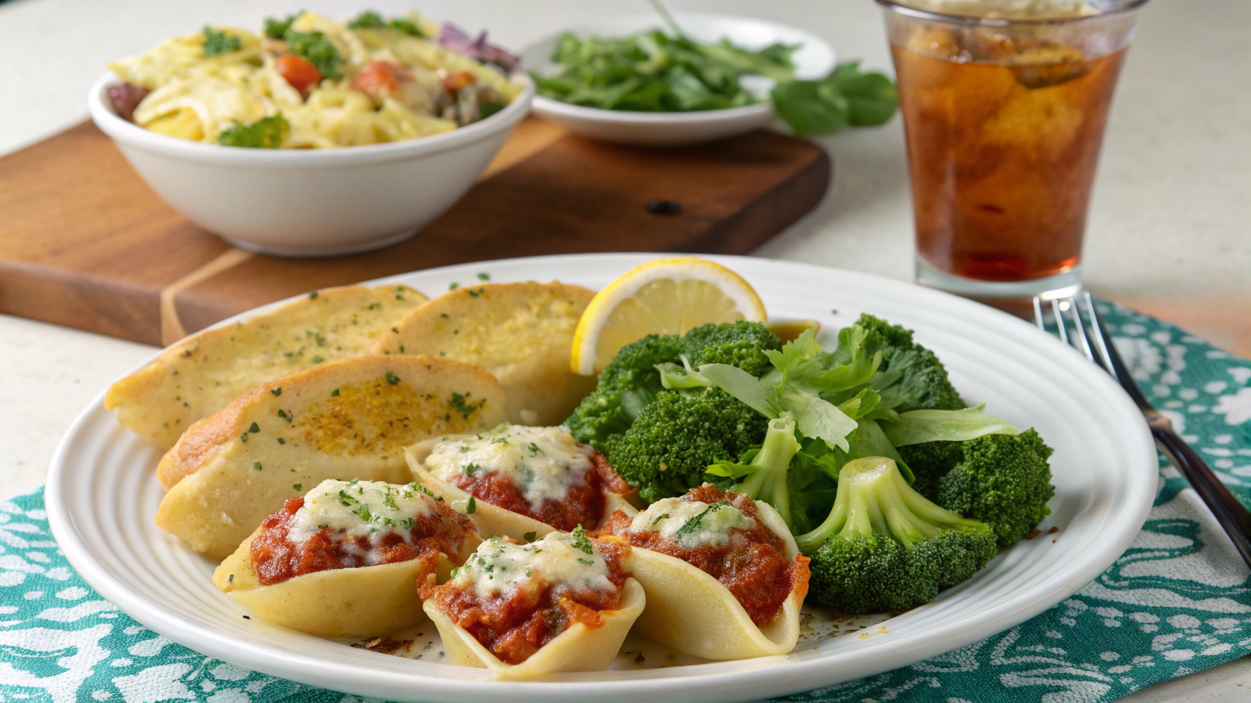 Plated stuffed shells with garlic bread, green salad, and broccoli on a dinner table.