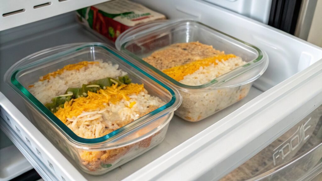 Mexican cheesy chicken and rice stored in fridge and freezer containers