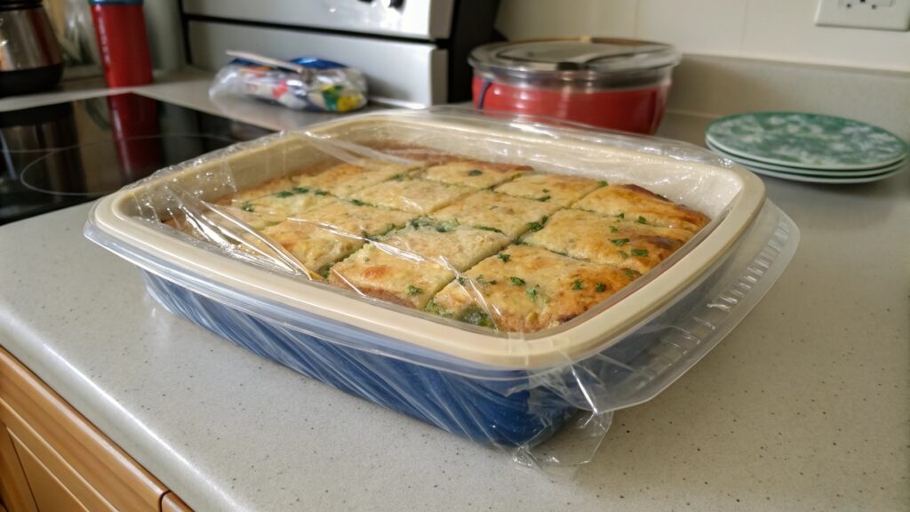 Stored casserole portions in labeled containers for fridge and freezer.