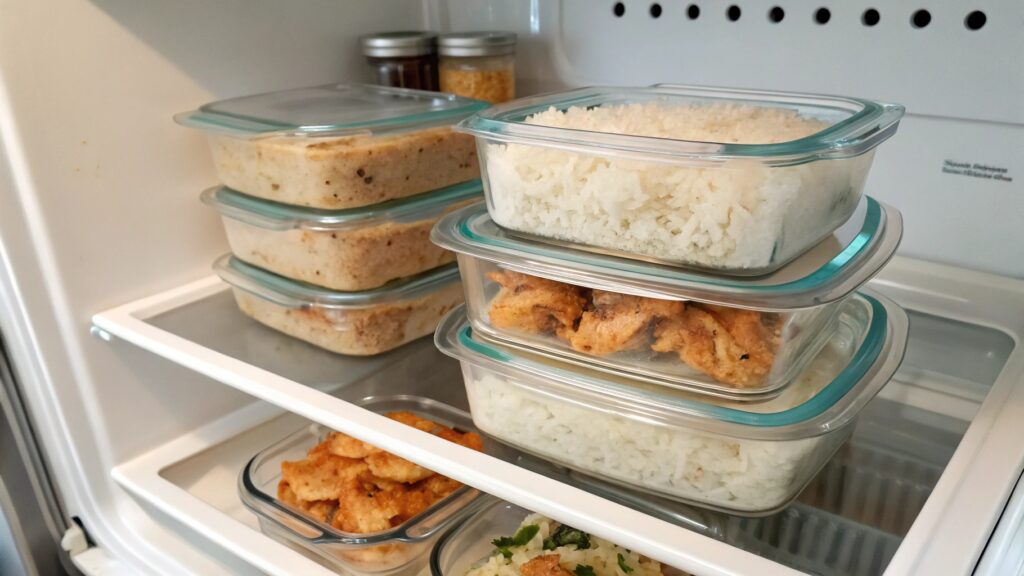 Stored One-Pan Chicken and Rice Bake in labeled meal prep containers.