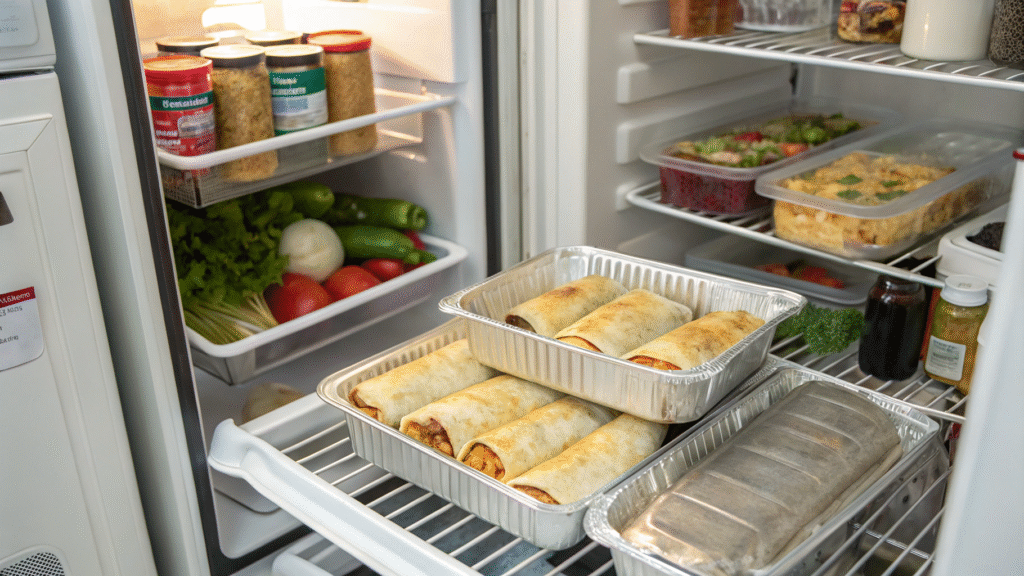 Stored chimichangas wrapped and labeled in a fridge and freezer with reheating instructions.