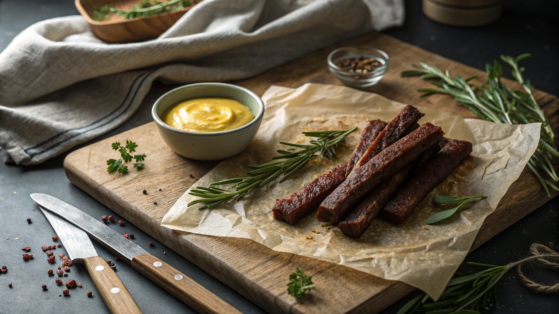 Homemade beef sticks on parchment paper with herbs and mustard for dipping.