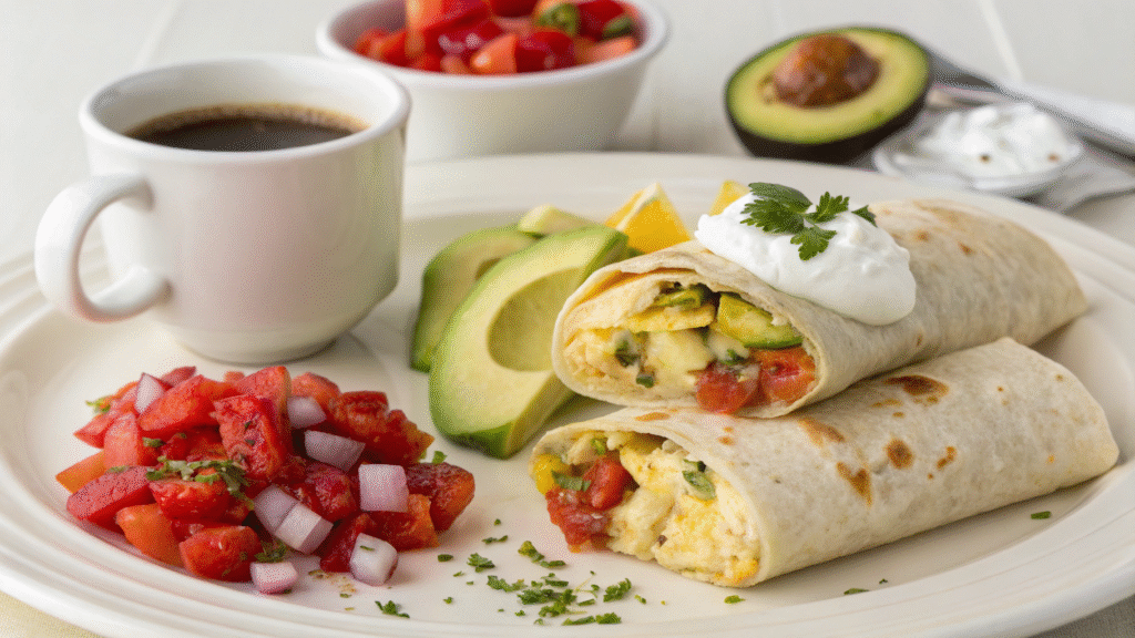 Breakfast burrito served with salsa, yogurt, avocado, and fruit on a plate.