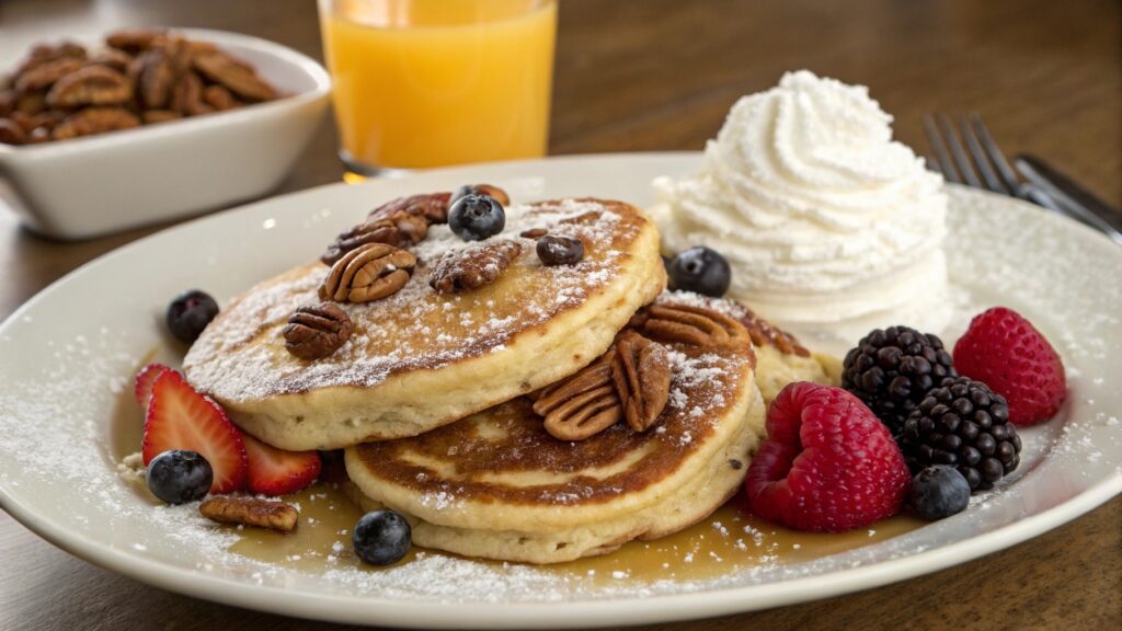 Cinnamon roll pancakes served with berries, nuts, and whipped cream