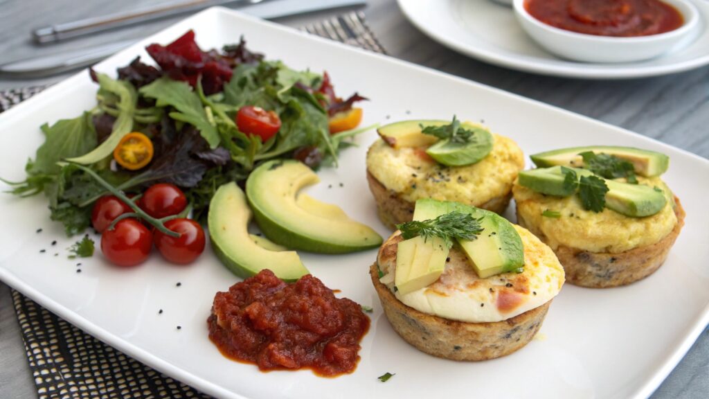 Cottage cheese egg muffins served with salad, avocado, and salsa