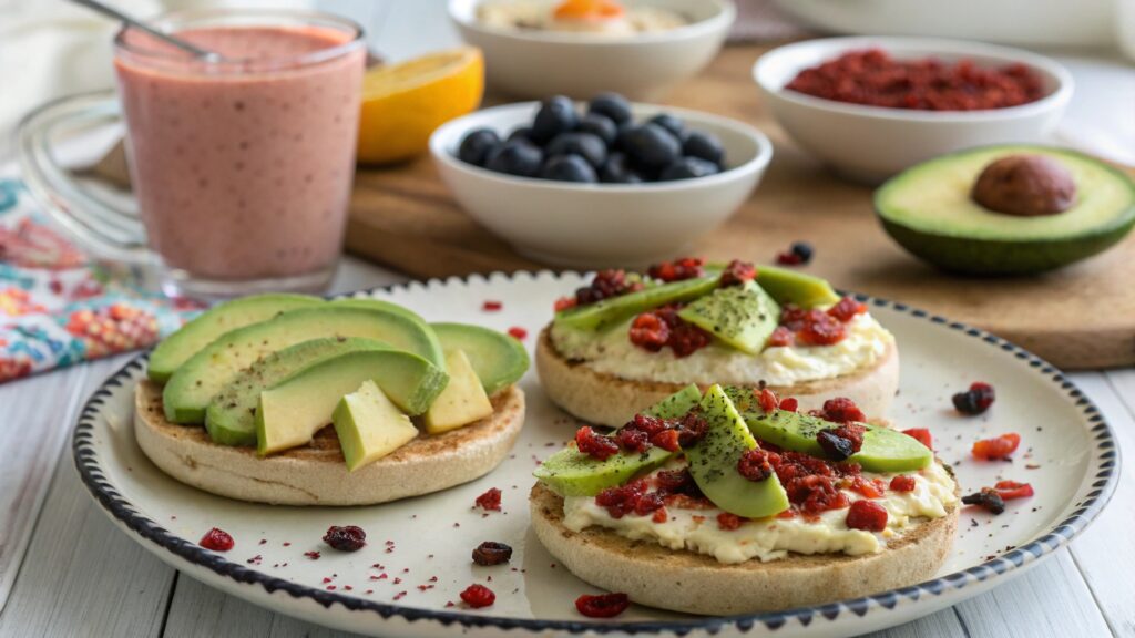 English Muffin Breakfast Pizzas served with avocado, fruit, and smoothie