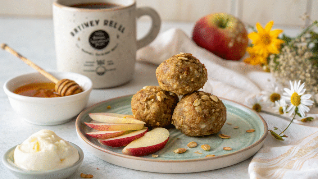 Oat peanut butter balls served with apple slices, yogurt, and honey on a plate.