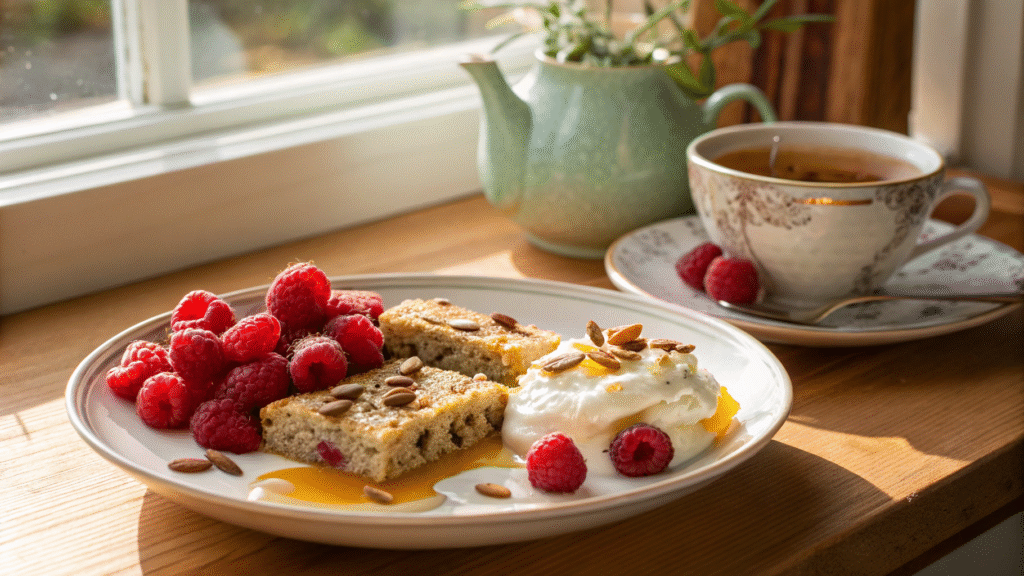 Almond breakfast bars served with yogurt, berries, and honey on a breakfast plate.