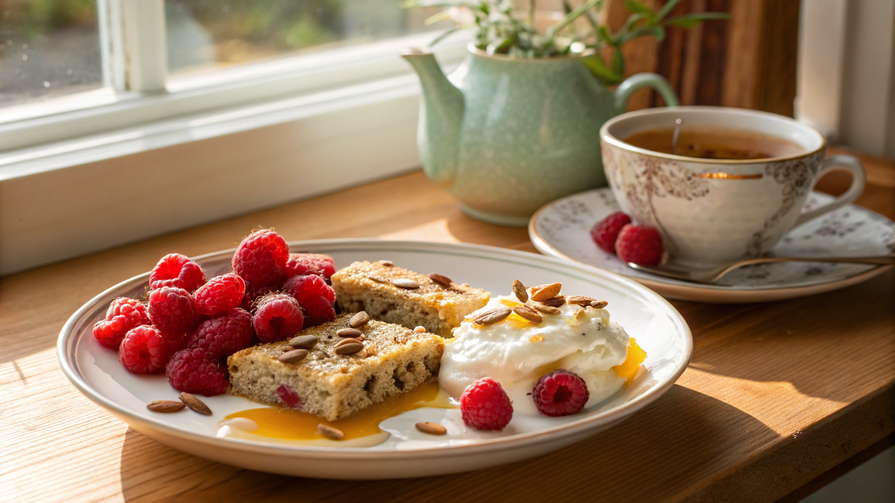 Almond breakfast bars served with yogurt, berries, and honey on a breakfast plate.